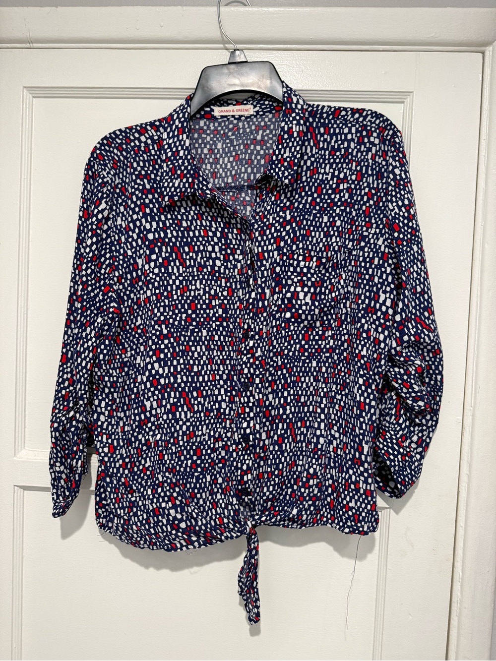 grand & greene Navy Button-Front Tie Hem Shirt with Red and White Dot Print